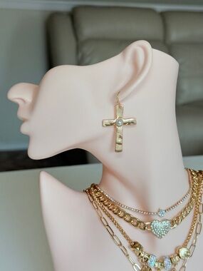 Gold Cross Dangle Earring with Pearl Accent